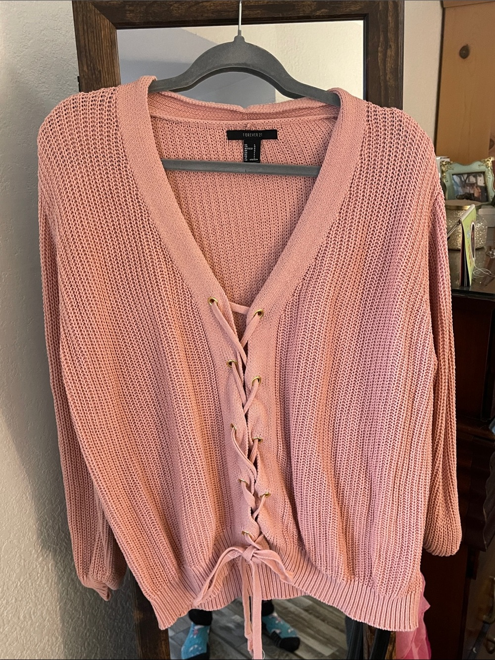 Forever 21 Dusty Pink Lace-Up V-Neck Sweater
